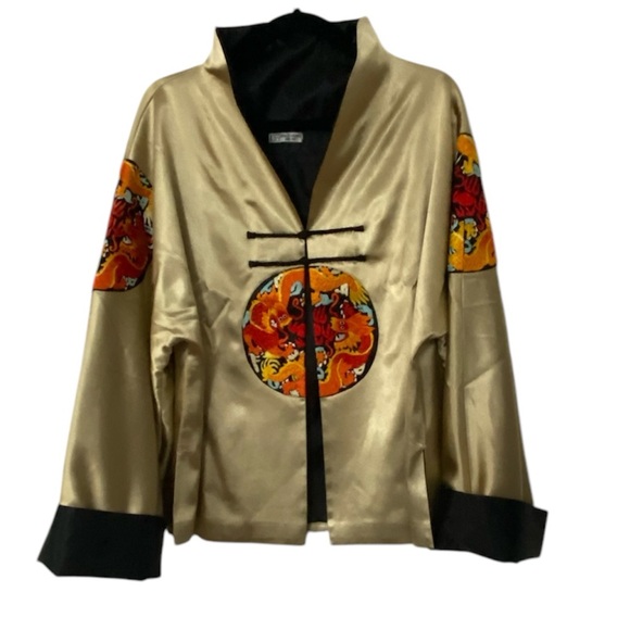 GRACE CHUANG New York NY Gold Women's Silk Kimono Jacket Dragon Embroidery - Picture 1 of 11